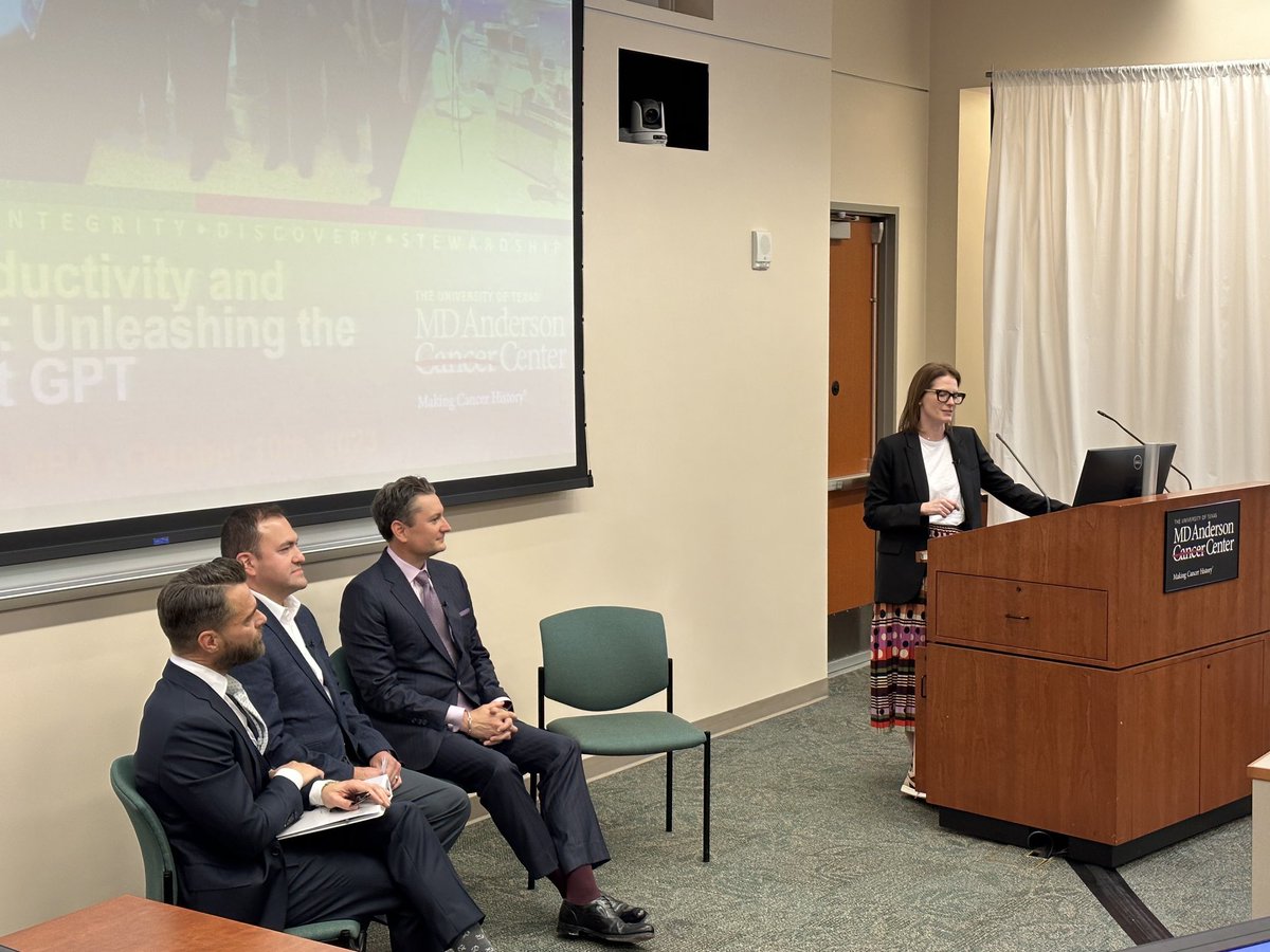 Happening LIVE FCT3 Auditorium Career EXPO How do I work smarter using AI? Featuring Libby Grubbs, Mark Clemens, Jose Soliz, Max Weber. Terrific panel ⁦⁦@MDAndersonNews⁩ on boosting faculty productivity! ⁦@CarinHagberg⁩ ⁦@EGrubbsMD⁩ ⁦@JennAnneT⁩