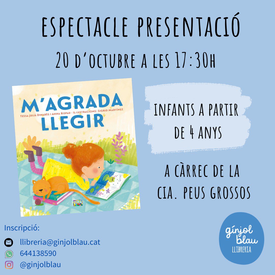 ginjolblau's tweet photo. 📚 El proper 20 d'octubre acollirem un espectacle basat en el llibre "M'agrada llegir"

🎭 Si voleu passar una bona estona al voltant de la lectura amb els petits no us ho perdeu!

📩 Reserveu via mail, whatsapp o instagram.

#llibreria #santfeliudellobregat #animaciolectora https://t.co/ZTwMPwG9LA