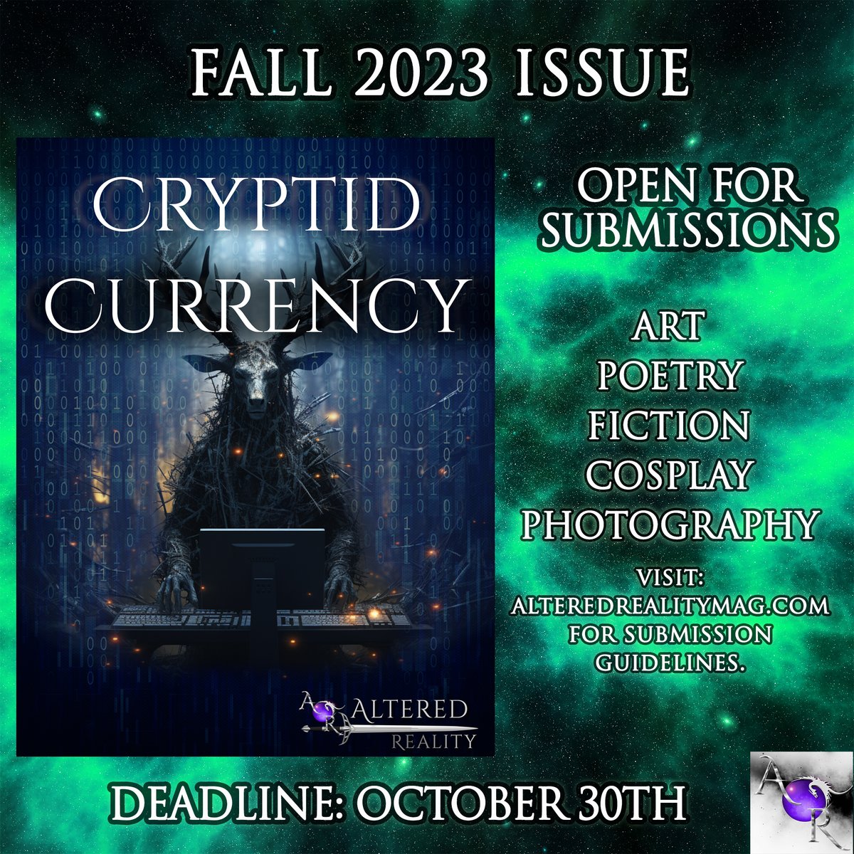 AltRealityMag's tweet photo. 📣Open for Submissions!📣
Submit your work NOW for our terrifying Fall 2023 Issue! Deadline is Oct. 30th. 🧟‍♂️🧛‍♂️👻
Please view guidelines before submitting: https://t.co/qRrNk3oIiL

#FallIssue #eZine #litmag #art #poetry #fiction #cosplay #photography #writingcommunity #booktwt https://t.co/GlgAKbYNWk