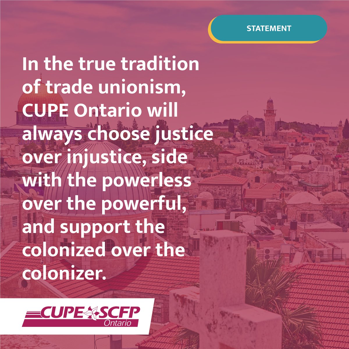 CUPEOntario's tweet photo. Hope for a just and lasting peace that offers security and freedom for everyone in Palestine and Israel: this fervent desire is at the heart of CUPE Ontario’s and the ISC’s calls for justice and it joins us to the global solidarity movement fighting for the rights of all peoples to liberation and self-determination.

Read the full statement here: https://t.co/qwq7NIBjIS