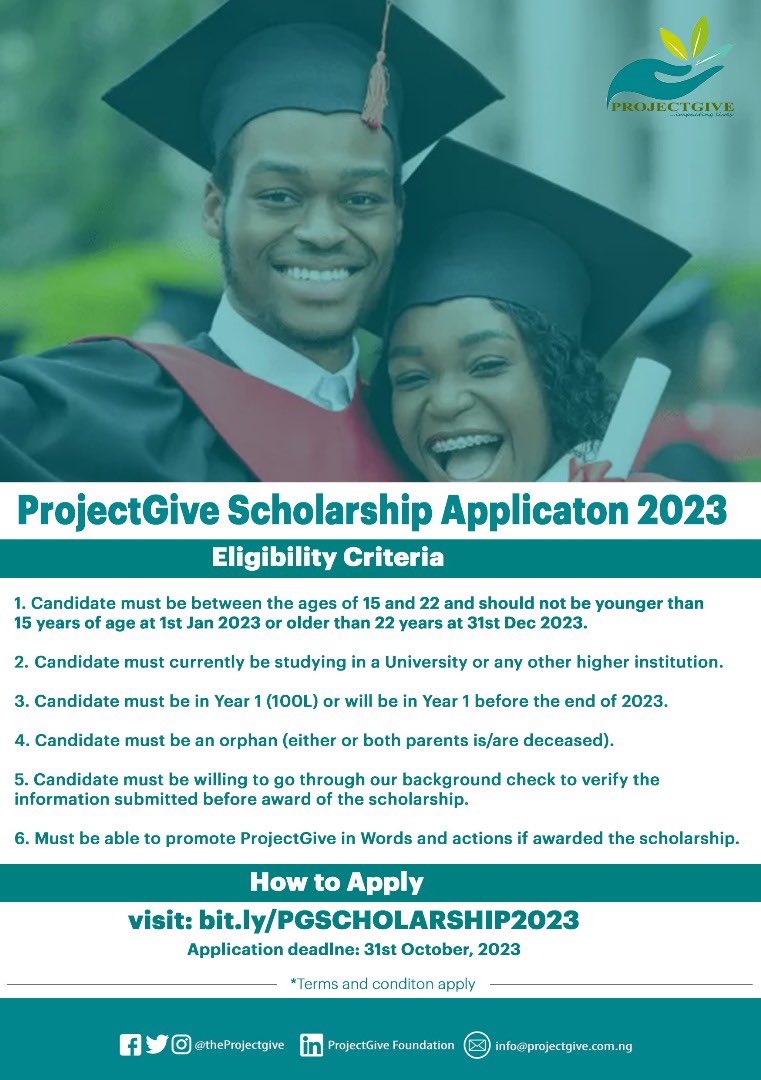 The ProjectGive Scholarship application 2023 for higher institutions is open till the 31st October, 2023.

Ensure to read the eligibility criteria.

Good luck.