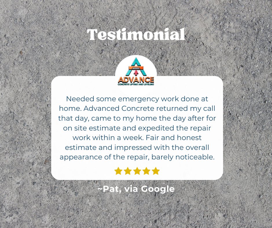 Thank you so much for sharing your experience, Pat!
Call Advance Concrete Lifting & Leveling for your concrete emergencies at 678-235-9322.

#TestimonialTuesday #concreterepair #concretelifting #concreteleveling #atlanta