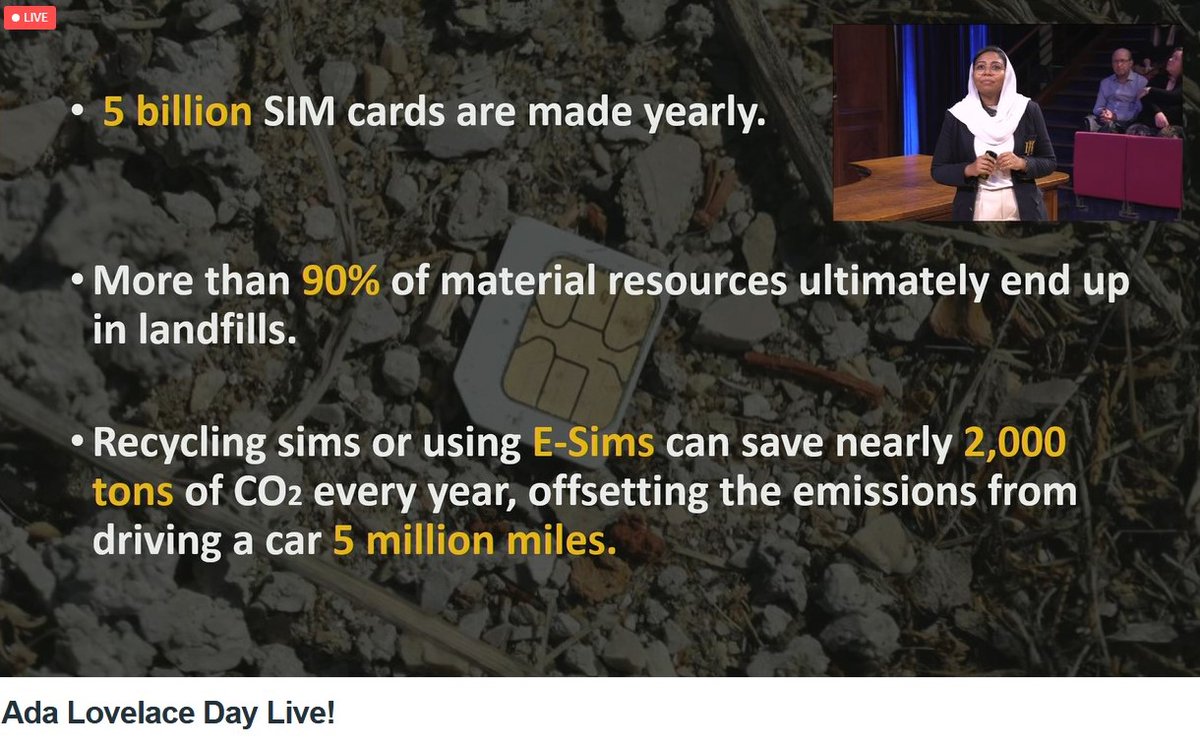 A screenshot from Azza Eltraify's talk at Ada Lovelace Day Live. It's simply never occurred to me to think about recycling SIM cards but I'll be doing it now.

#AdaLovelaceDay #ald23 <a href="/FindingAda/">FindingAda</a>