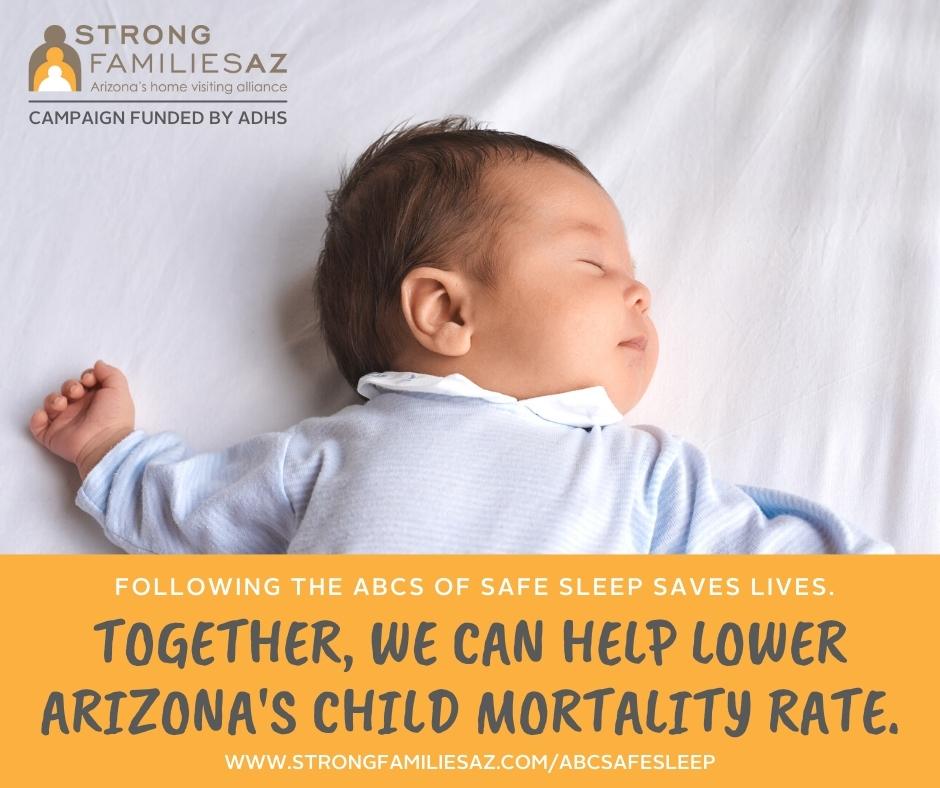 Having blankets, toys, and pillows in your baby’s crib while they sleep can be dangerous. Follow the ABCs of Safe Sleep. Together, we can help lower Arizona’s child mortality rate. Learn more at strongfamiliesaz.com/ABCsafesleep.

#SafeSleep #SIDSAwarenessMonth #SafeToSleep