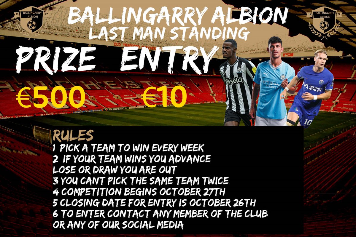 SlieveardaghU's tweet photo. Club Last Man Standing starting October 27th. Prize money is €500 for the winner. All details below in picture https://t.co/FozXVmfJnv