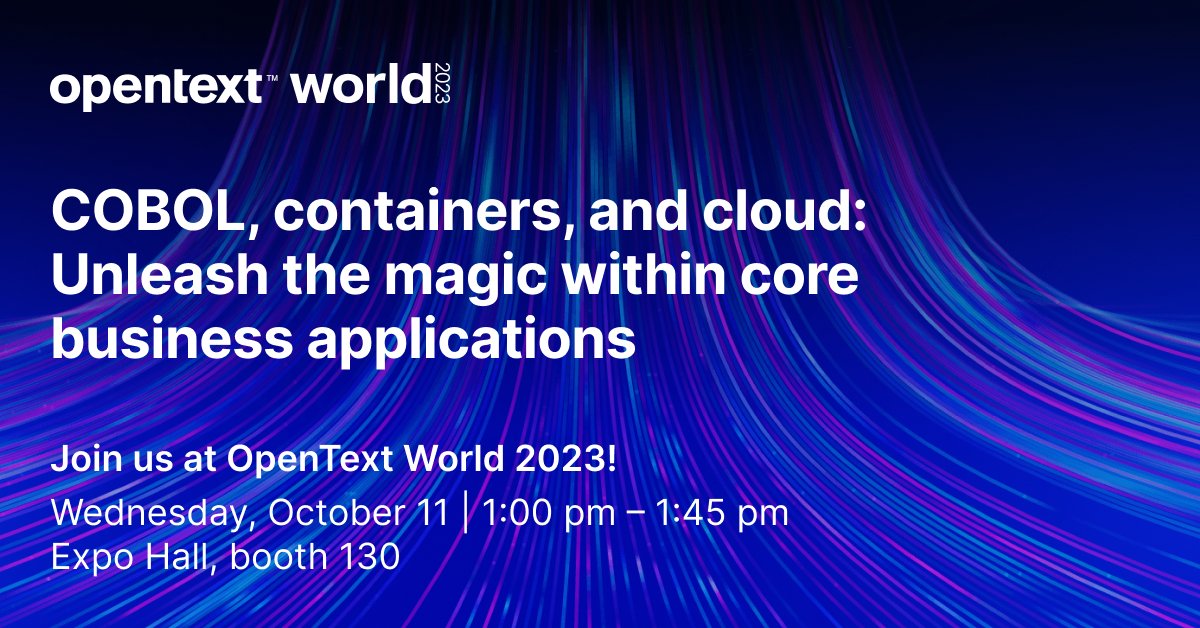 JulieComms's tweet photo. Our @OpenText experts are heading to Las Vegas for #OpenTextWorld! The agenda includes several #AppModernization sessions - including how to successfully modernize #COBOL and #mainframe applications. Join live or virtual, learn more here: https://t.co/V9BQZp5O5q https://t.co/sq9zMfnxwe