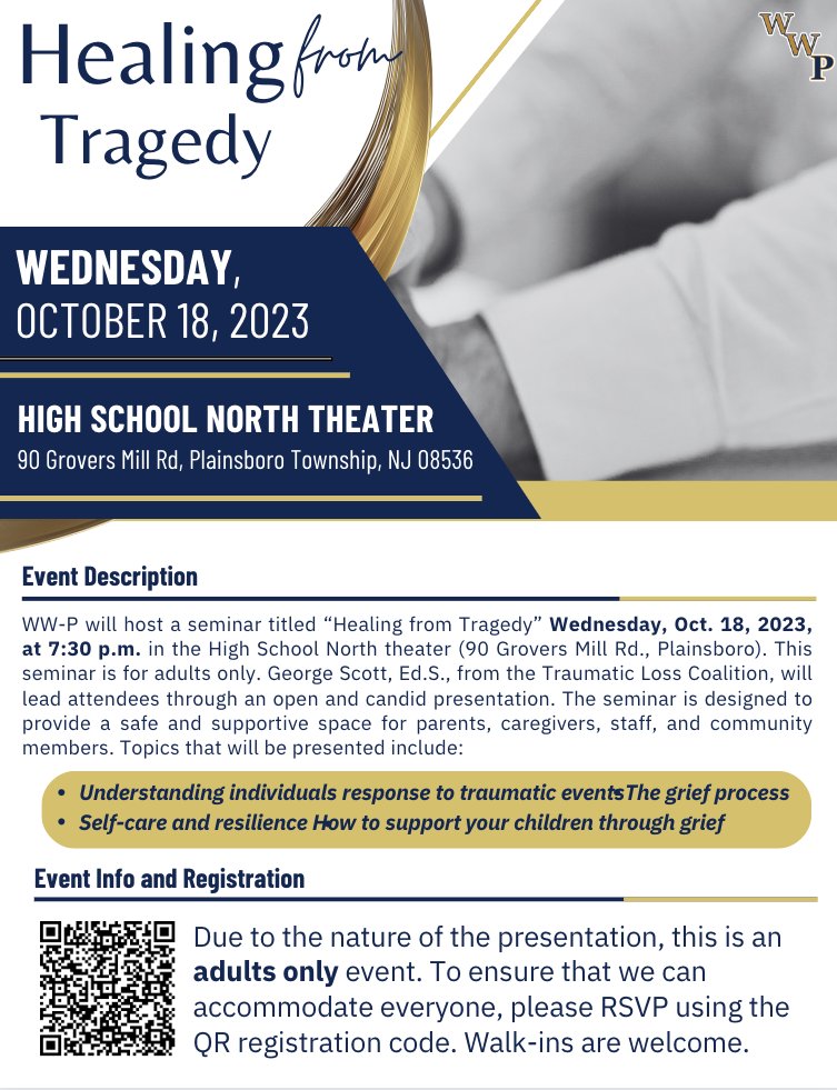 WWP_Schools's tweet photo. #WWP will host a seminar titled “Healing from Tragedy” Wed., Oct. 18 at 7:30 p.m. in the HSN theater. This adults only seminar is designed to provide a safe &amp; supportive space for parents, caregivers, staff, &amp; community members. Visit https://t.co/cUTD95yIee to learn more &amp; RSVP https://t.co/W65Xg6qk4J