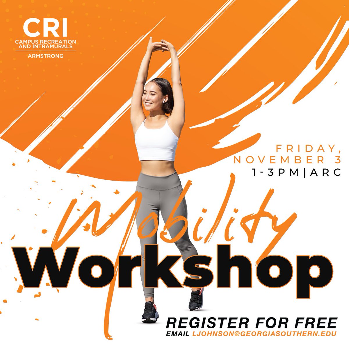 Armstrong peeps! Are you interested in learning how to stay active and live a heathier, longer life? If so, join us for a mobility workshop this afternoon (11/3) from 1-3pm at the ARC. You can register for FREE by emailing ljohnson@georgiasouthern.edu! #ARCLife