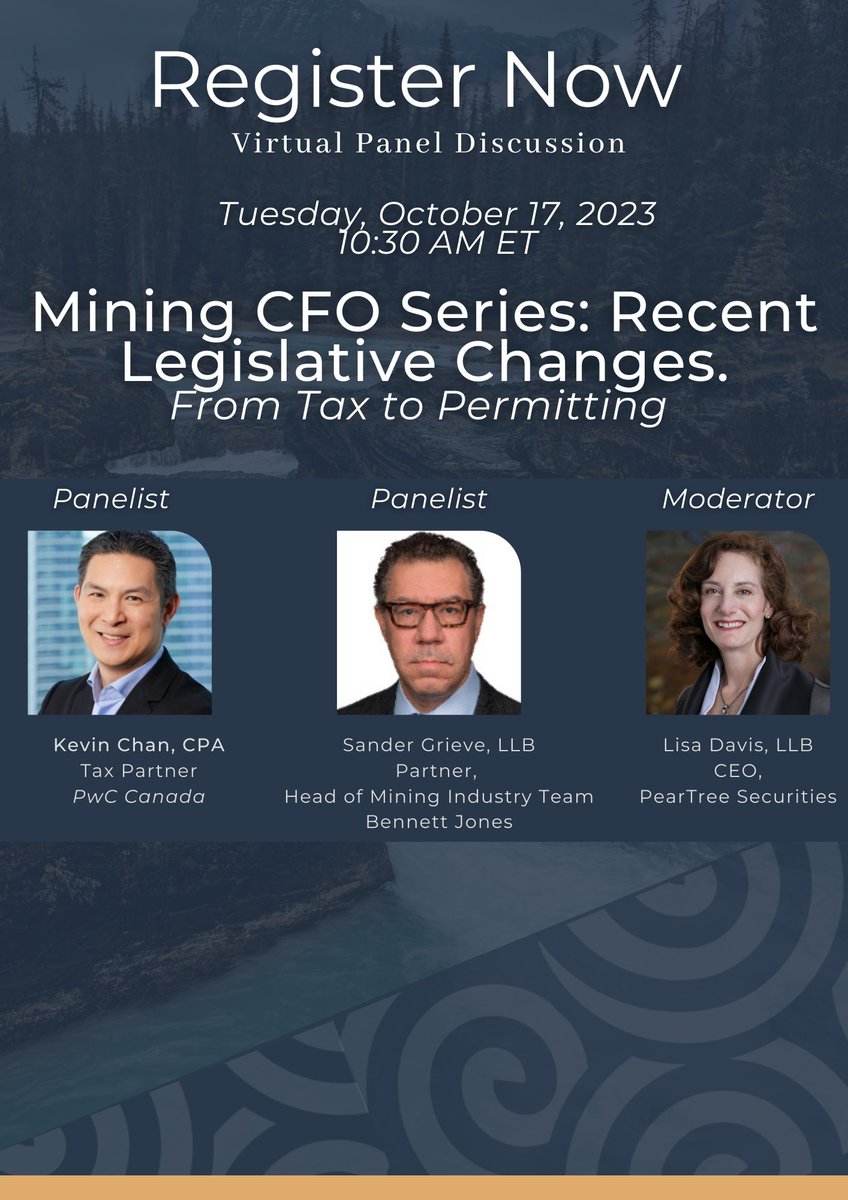PearTreeCanada's tweet image. Join us on Oct 17, 2023, at 10:30 AM ET for a crucial discussion on recent #regulatory and #tax changes in the #mining / #exploration sector, including the impact of the #AlternativeMinimumTax regime on exploration &amp;amp; development financing.

Register now: bitly.ws/WZfq