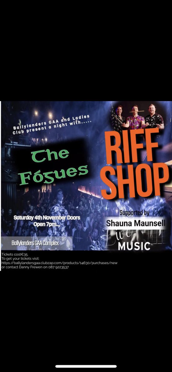 A great night in store on sat 4th November in ballylanders gaa club house. Ballylanders Ladies and gaa clubs will host 3 fantastic music acts. Tickets are selling fast. To get tickets click on link below  ballylandersgaa.clubzap.com/products/14630… Or contact either  Maria Murphy or  Danny Frewen