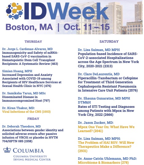 cuimc_id's tweet photo. Looking forward to hearing these fantastic Columbia faculty and fellows speak at @IDWeekmtg! Can't wait to see old friends and meet new ones! #IDWeek
@ColumbiaMed https://t.co/ZrUtMPDbaq