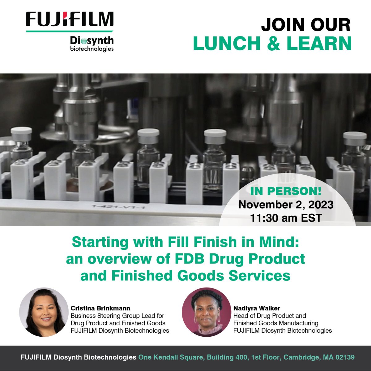FUJIFILMBiotech's tweet photo. Join us for an exclusive event! Save the date for Nov 2 at 11:30 am. https://t.co/X66VaZFA8U

 Get ready for our In-Person Lunch &amp; Learn on Drug Product and Finished Goods Services. It's an opportunity you won't want to miss!  #LunchAndLearn #Biotech #Cambridge #Biotechnology https://t.co/9fzbe2LwTS
