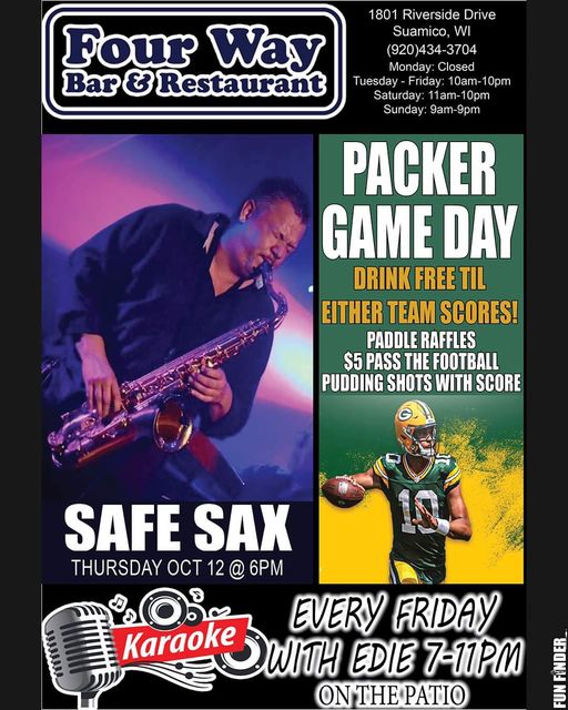 'Delicious Lunch Buffet at $8.99! Join Us at Four Way Bar for 'Safe Sax' on Oct 12! #BestInTown #LiveMusic #GreatEats'