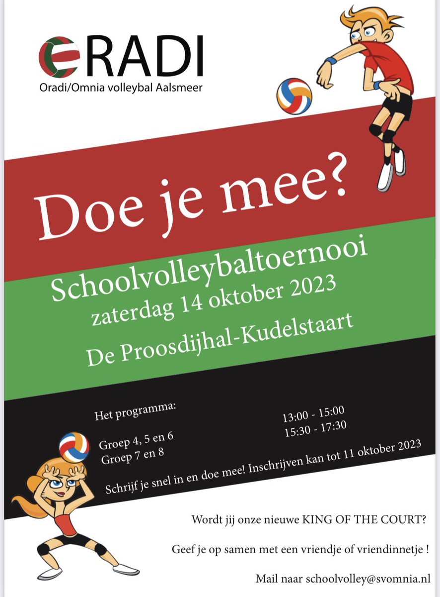 milcvi's tweet photo. @Nieuwe_Meerbode 
“KING OF THE COURT”-toernooi 14 OKT 2023 Inschrijven kan via schoolvolley@svomnia.nl

Deelname aan een 2 tegen 2 volleybaltoernooi voor alle kinderen in groep 4 t/m groep 8. Zie de foto’s voor meer informatie.
#volleybal #sport #aalsmeer #kudelstaart #waterlelie https://t.co/wXs63AhNUg