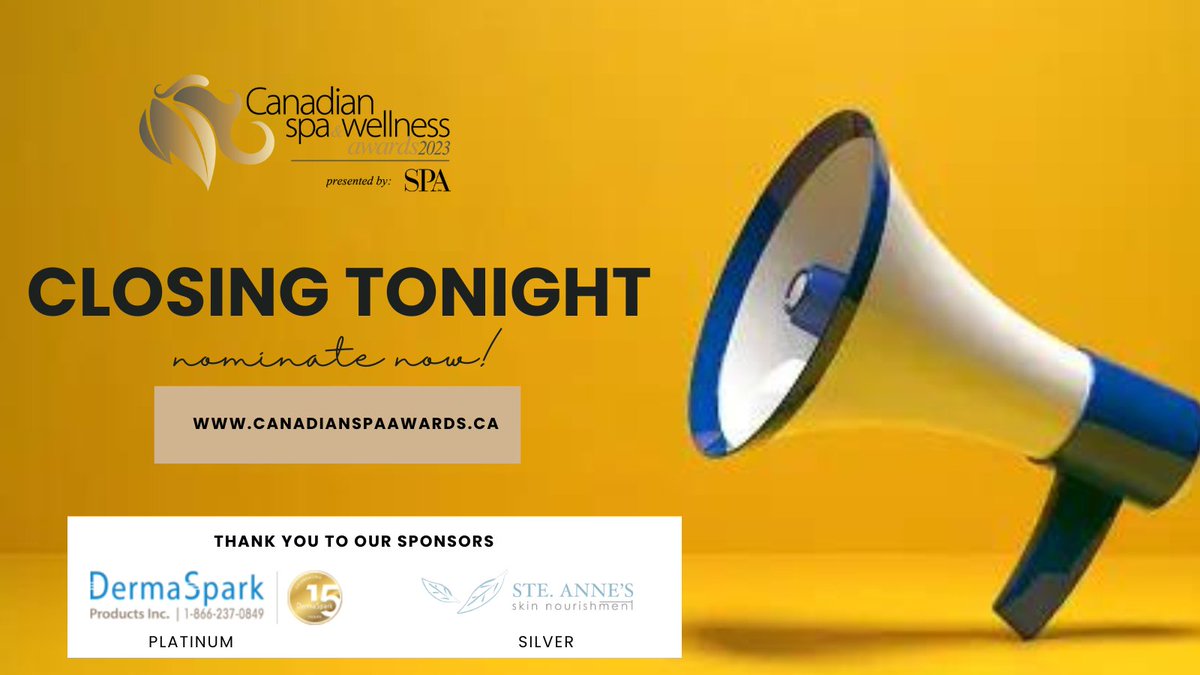 LAST CHANCE!

Our 2023 #CdnSpaAwards closes at midnight. 

Don't miss your chance to take part in this prestigious award program that pays tribute to
and celebrates exceptional spas across the country.

This could be your winning year!

Nominate now: bit.ly/3T1Myv8