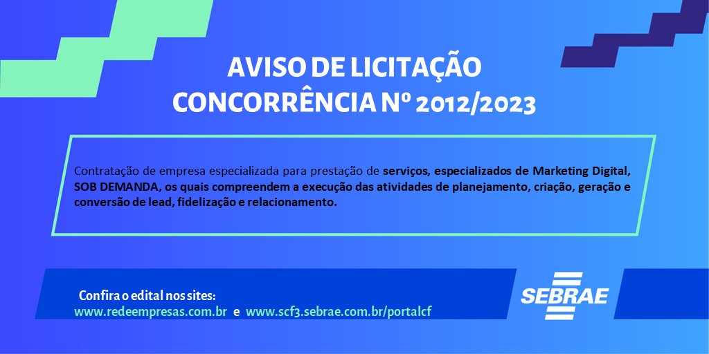 sebraesc's tweet photo. AVISO DE LICITAÇÃO - CONCORRÊNCIA Nº 2012/2023

Confira o edital completo em: https://t.co/cXCSpWnuZi e https://t.co/qVYuBKNkrf

#licitacao #SebraeSC #pregaoeletronico #edital https://t.co/LBq3hYvVwi