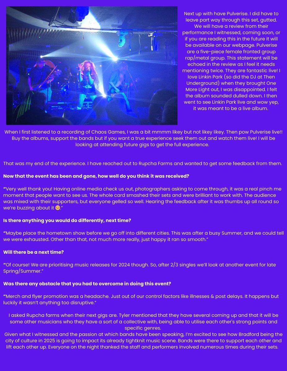 Soundotasylum's tweet photo. #009 caught @sectionthe5th, @drella, @pulveriseuk (review on website) and @rupchafarm at @theundergroundbradford on 29.09.23
Here's what she witnessed...
#musicreview #rapmetal #metal #rap #grime #sota #livemusic #bradford #smallbands https://t.co/QAfSHqCPfD