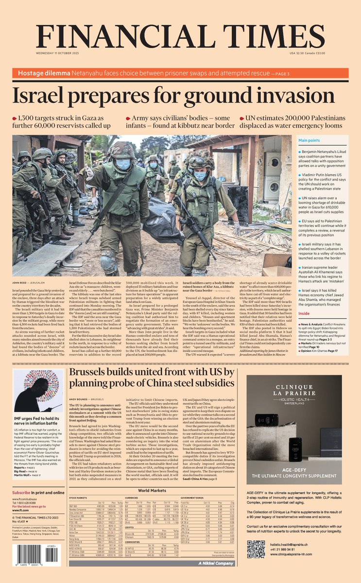 FT's tweet photo. Just published: front page of the FT, international edition, for Wednesday 11 October https://t.co/AWYXBj22tU