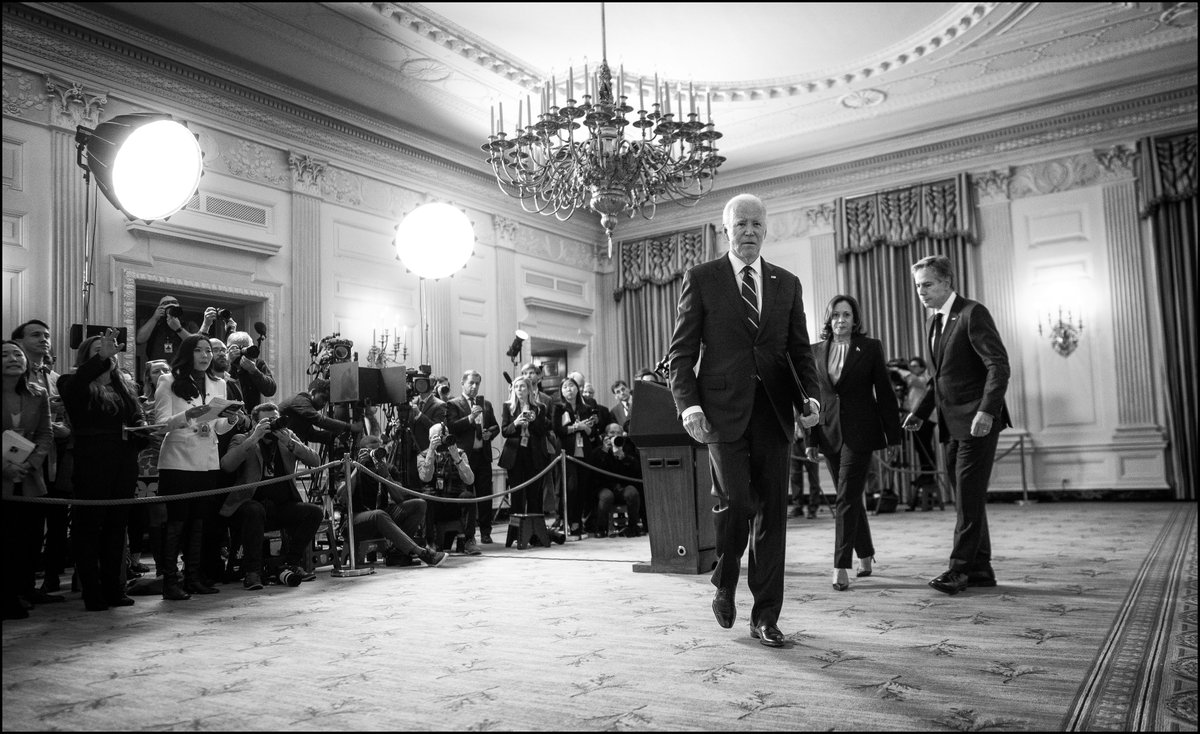.@POTUS walks from the podium after his remarks on the terrorist attacks in Israel, from the State Room of the White House. Joining Biden was Vice President Kamala Harris and Secretary of State Antony Blinken.