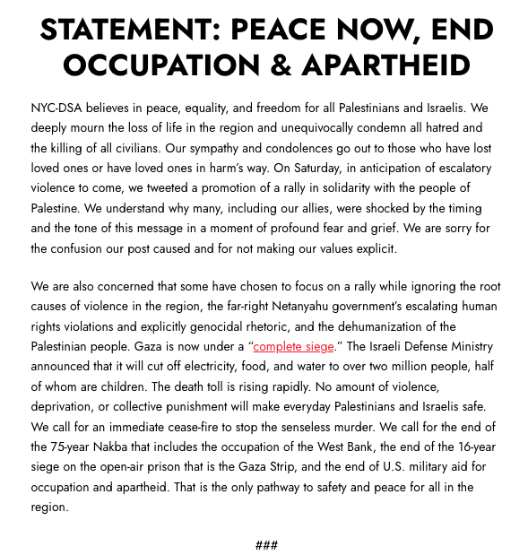 Statement: Peace Now, End Occupation &amp; Apartheid

socialists.nyc/press-releases…