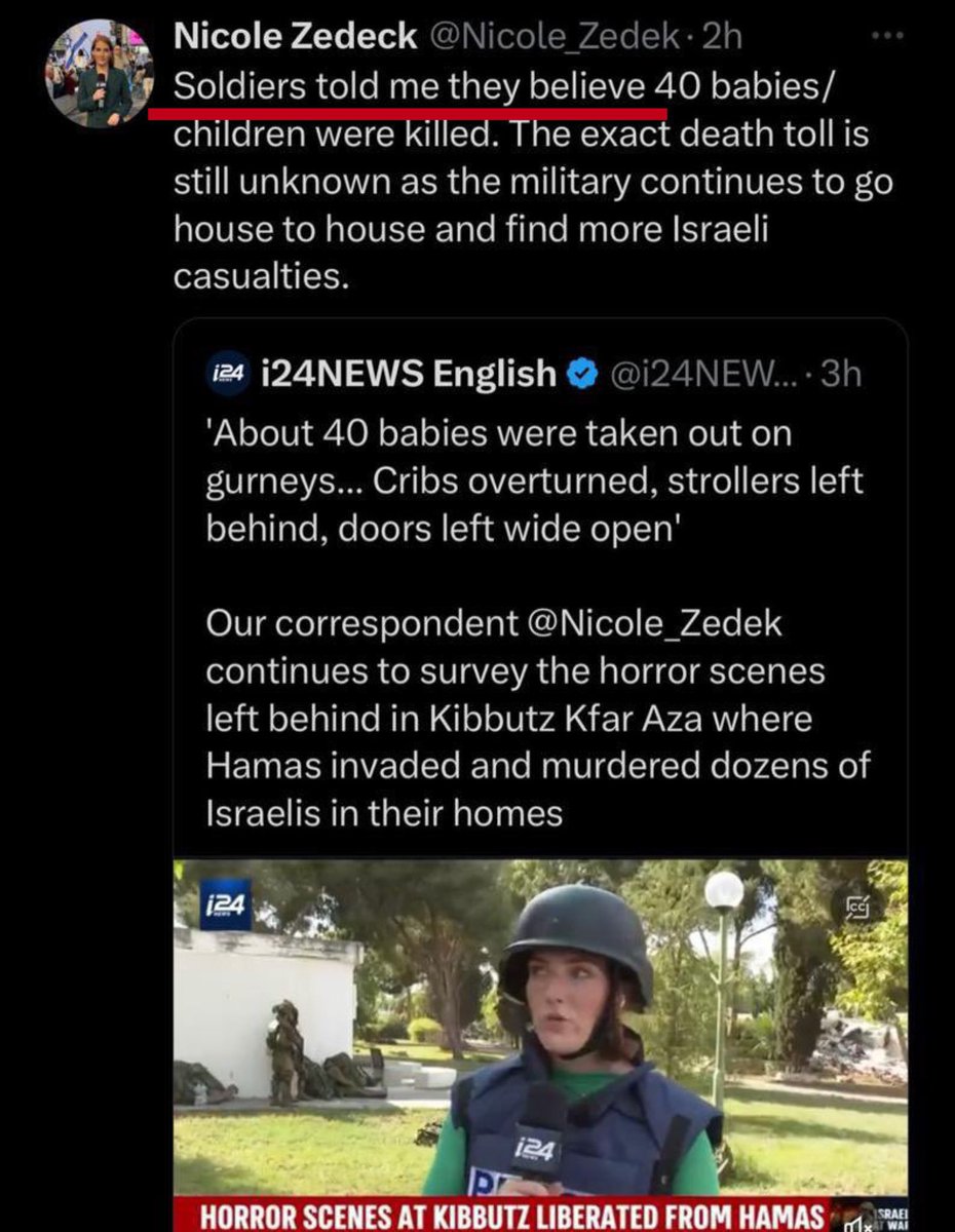 NeylaSharif's tweet photo. PARTAGEZ: La menteuse de la chaîne de propagande israélienne I24 News/Drahi qui a relayé la Fake News sur « 40 bébés décapités par le Hamas » dit qu’elle n’a rien vu et que c’est un soldat israélien qui lui aurait dit ça. Entre temps l’armée israélienne interrogée par AA, dément. https://t.co/UqkoHZJVE3
