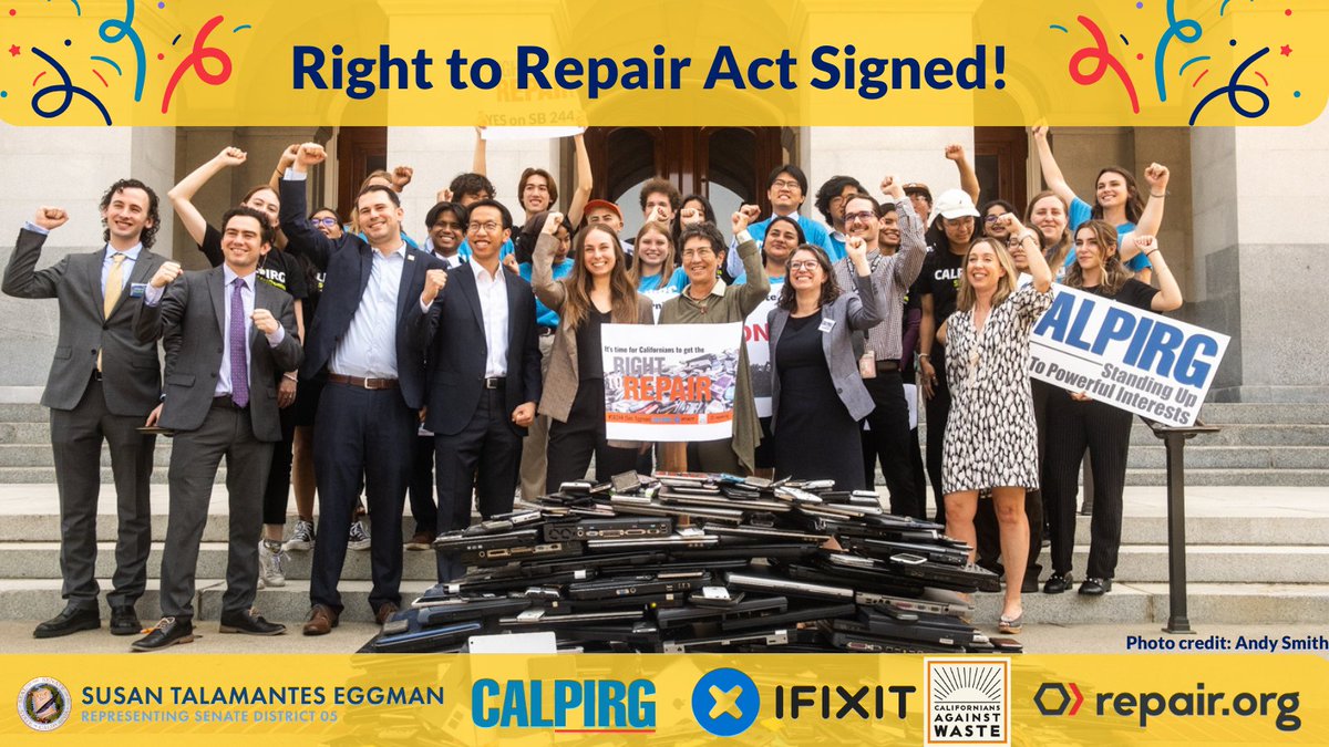 Breaking! @CAGovernor @GavinNewsom just signed #SB244 for the #RightToRepair! Getting what we need to fix our stuff is a win for the consumers and the planet, and it just makes sense. Thanks to years of advocacy from @SenSusanEggman @CALPIRG @iFixit @cawrecycles @RepairCoalition