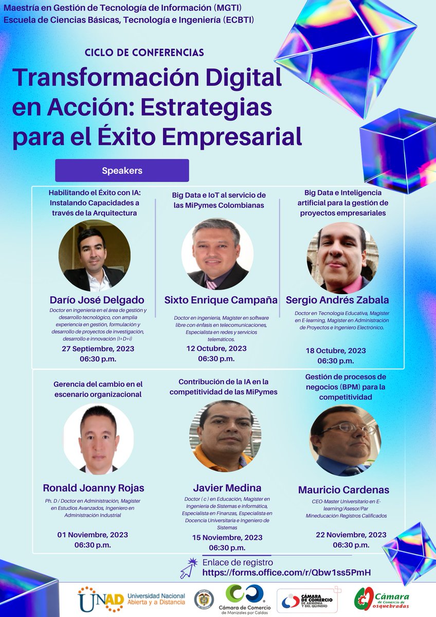 Empresario y emprendedor participa en el ciclo de conferencias "Transformación Digital en Acción: Estrategias para el Éxito Empresarial"; un espacio de la <a href="/UniversidadUNAD/">Universidad UNAD</a>, la <a href="/CCManizales/">Cámara de Comercio de Manizales por Caldas</a>, la <a href="/Camara_Armenia/">Cámara de Comercio de Armenia y del Quindío</a> y la <a href="/camaradedosque/">Cámara de Comercio de Dosquebradas</a>

Inscripciones aquí: forms.office.com/r/Qbw1ss5PmH