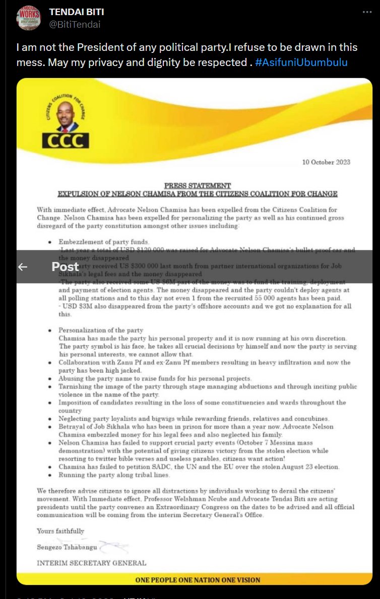 The distractions and side shows have begun CCC will be kept busy rebuffing and discrediting Tshabangu instead of focusing on the bigger picture, A lot of time and energy will be spent here on this issue. Kill this sponsored project once and for all. Focus focus focus....