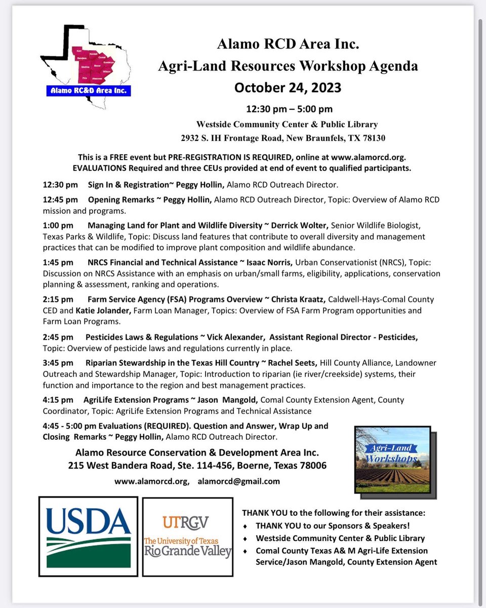 alamorcd's tweet photo. FREE AGRI-LAND RESOURCE WORKSHOP 🌿🌿in COMAL County Texas, OCTOBER 24, 2023
12:30 pm to 5:00 pm
See FLYER AND AGENDA! 
🔸🔸🔸🔸
DON’T HESITATE …..Pre-REGISTRATION is NOW! at https://t.co/sDoVYUaJZT_
Three CEUs PROVIDED! 
#freeworkshop #waterlandyou #farmer #rancher #usda https://t.co/5ENPfoaf3Q
