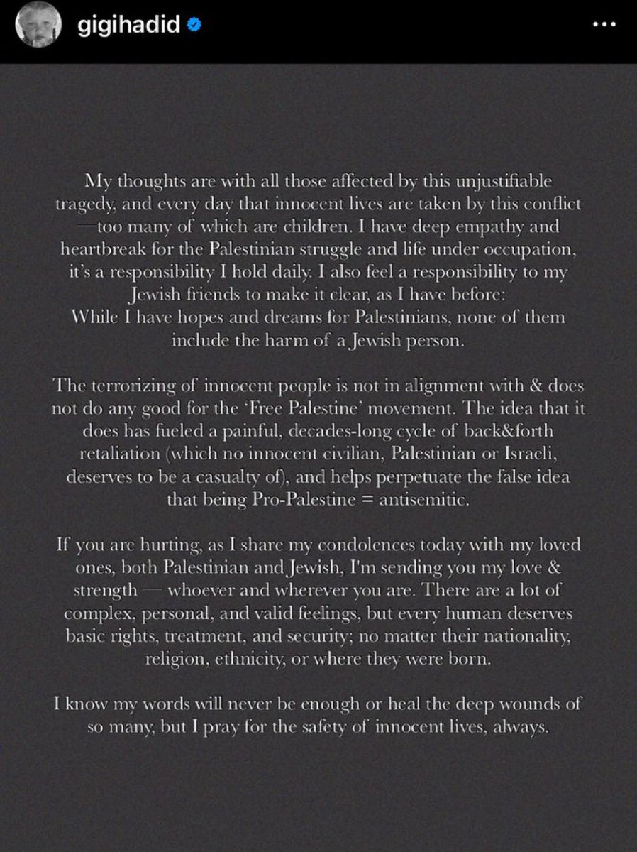 InsiderWorld_1's tweet photo. Bella and Gigi Hadid’s father’s family were displaced from their home in Palestine by the Jewish family they had sheltered. And this is her statement. 

Shame on you. https://t.co/Cp2d32JLI0