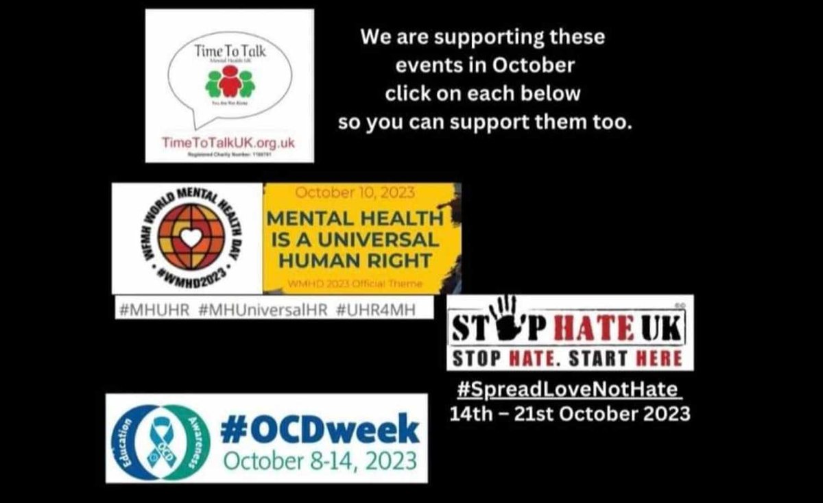 UKTimetoTalk's tweet photo. It is World Mental Health Day! To those who are struggling with mental health, just remember that you don't have to do it alone. Reach out to our lovely community over on Facebook. #TimeToTalkUK #WMHD #MentalHealthDay #MentalHealth #SpreadLoveNotHate #OCDWeek https://t.co/X0pu7GsBHD