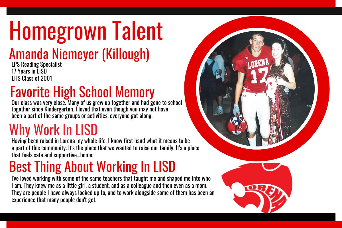 LorenaISD's tweet image. 🏫 HOMEGROWN TALENT 🏫

LPS Reading Specialist Amanda Niemeyer (Killough) is Lorena Class of 2001.

At LHS she was a member of Student Council, Foreign Language Society, Superfan, NHS and was on the Track &amp;amp; Cross Country teams.

Mrs. Niemeyer has worked in LISD for 17 years.