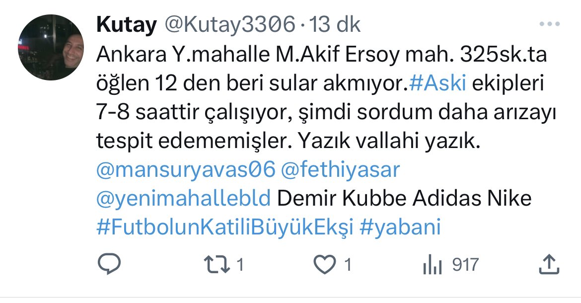 Kutay3306's tweet photo. 12 saattir Ankara’nın göbeğinde su yok.Yazıklar olsun

 #GazzeÖlüyor IRAN AŞKELON Doğu Akdeniz’e ISIS Demir Kubbe Yarın Beyaz Show #HamasMassacre Yücel Cemal Özgörkey @fethiyasar @yenimahallebld @mansuryavas06 @askiankara @akgenclikymhlle https://t.co/33l8TZx2Ef