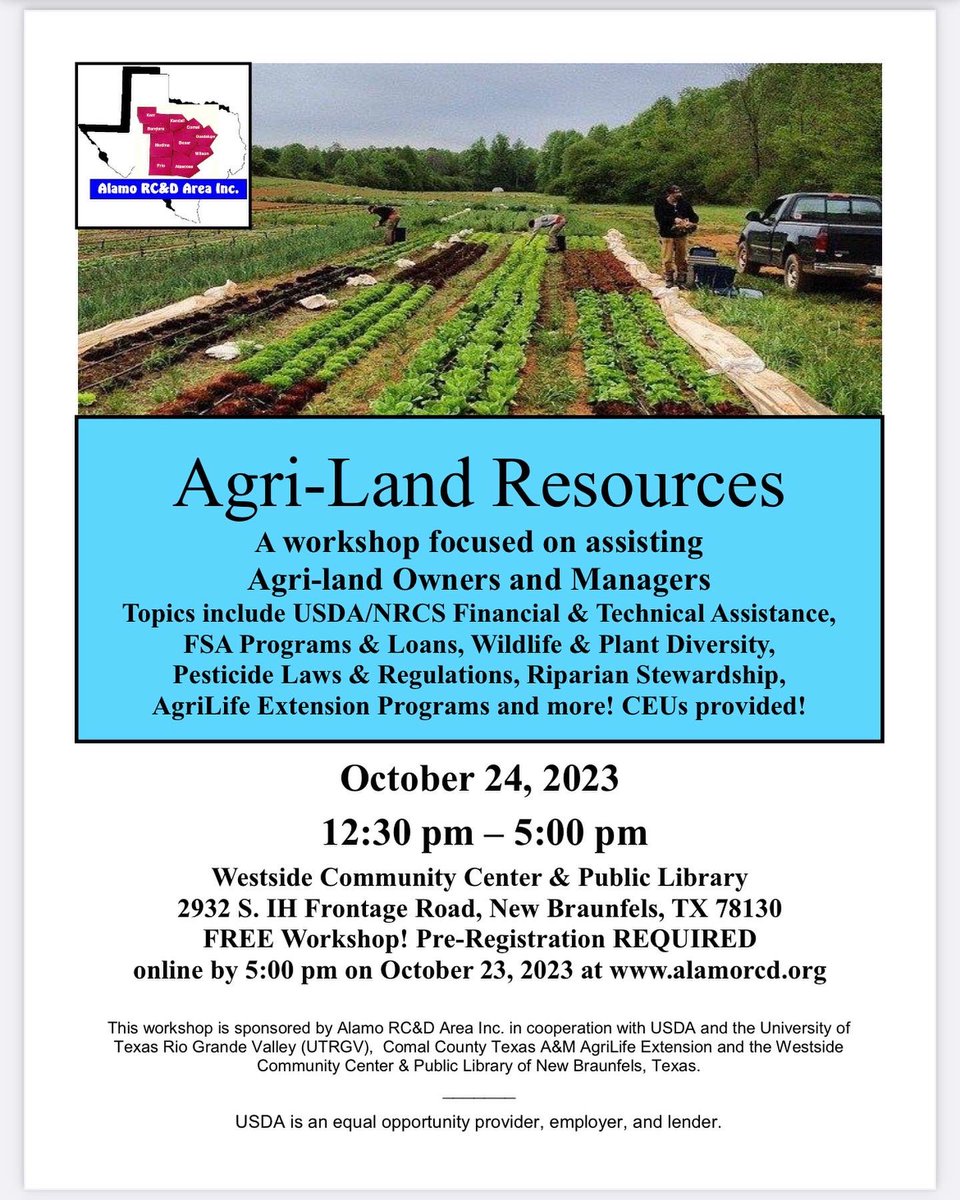 texhclegacy's tweet photo. FREE AGRI-LAND RESOURCE WORKSHOP 🌿🌿in COMAL County Texas, OCTOBER 24, 2023
12:30 pm to 5:00 pm
See FLYER AND AGENDA! 
🔸🔸🔸🔸
DON’T HESITATE …..Pre-REGISTRATION is NOW! at https://t.co/phLD4CCkEz_
Three CEUs PROVIDED! 
#freeworkshop #waterlandyou #farmer #rancher #usda https://t.co/s87Nt92Jly