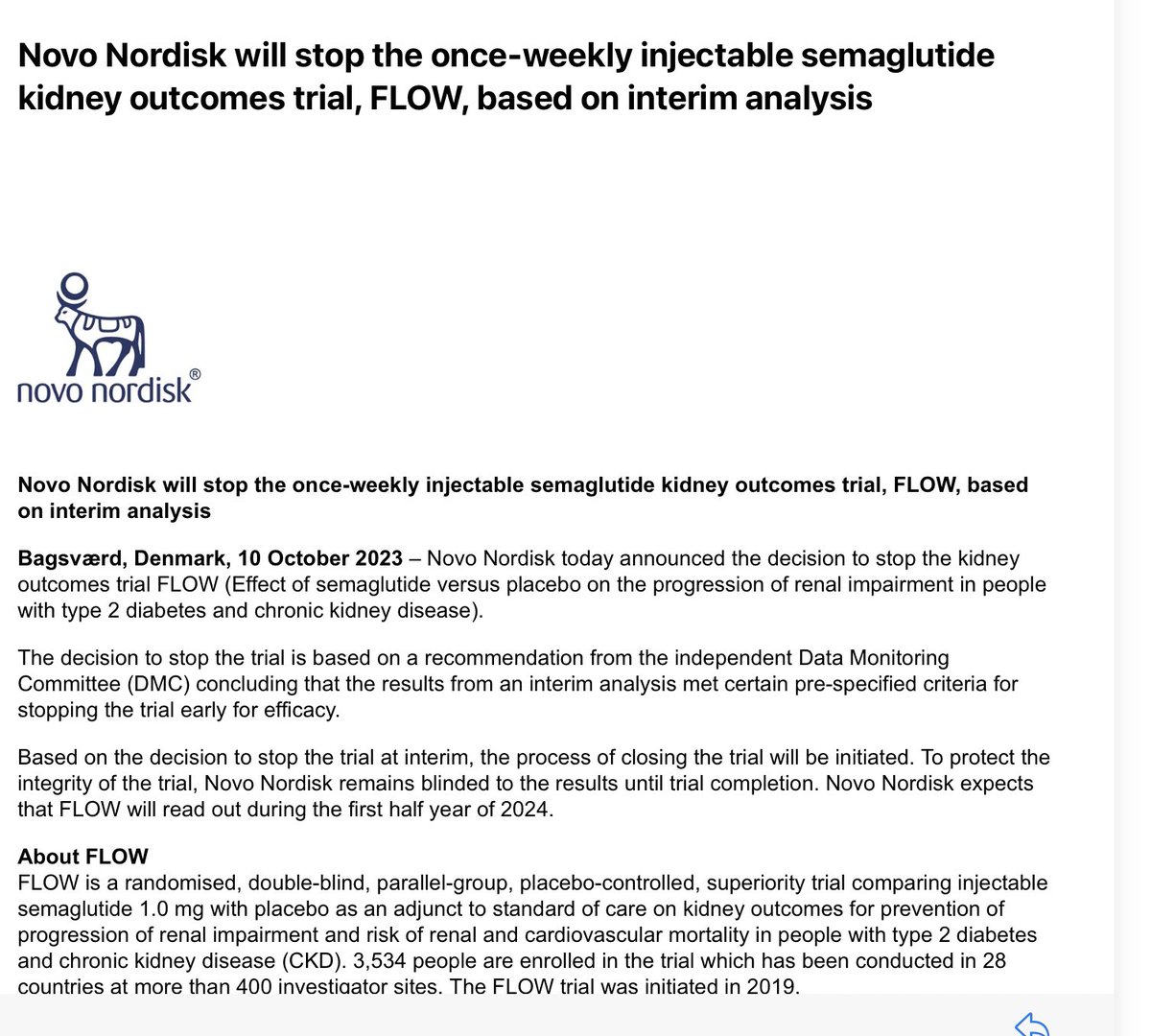 Another huge win for GLP-1, semaglutide and PPL with #T2D at risk of developing #kidney disease. FLOW stopped early for efficacy @novonordisk novonordisk.com/content/nncorp…