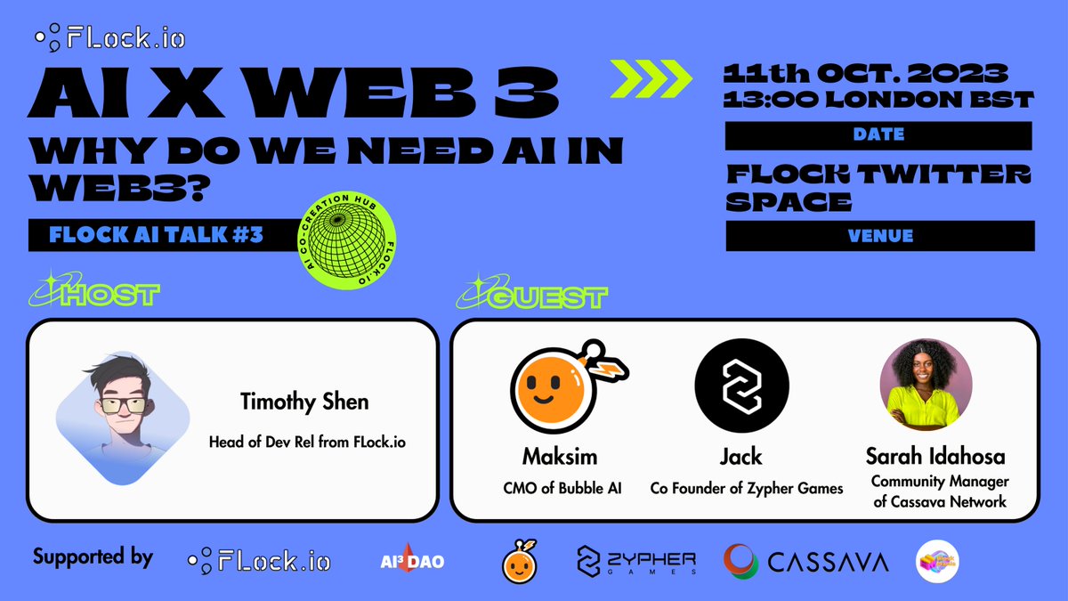 🚀#FLockAITalk Session 3 is coming!  
Let's discuss why we need #AI in #Web3!

⏰1pm London Est (UTC+1), Oct 11th
📍x.com/i/spaces/1kvKp…

🎤Host: <a href="/timtimtim_eth/">timtimtim.eth</a>, Head of Dev Rel from <a href="/flock_io/">FLock.io</a> 

Guest: 
🎙Maksim <a href="/DecentMaksim/">Maksim</a>, CMO of <a href="/Bubbleai_xyz/">bubbleai.xyz</a> 
🎙Jack, Co Founder of