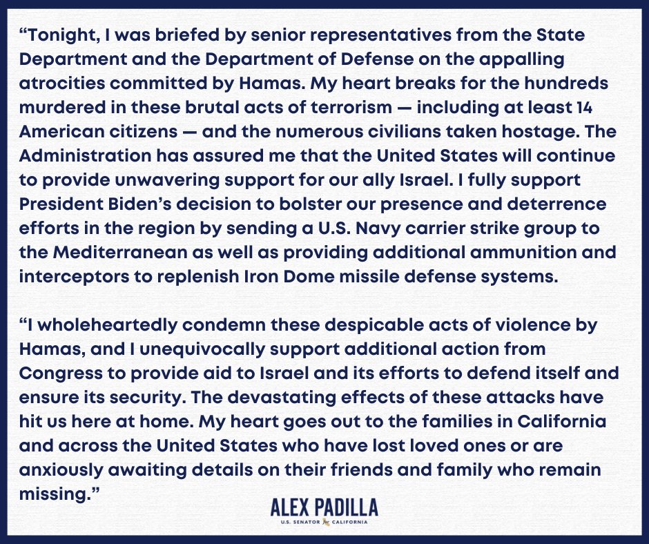 Tonight, I was briefed by senior officials from the State Department and the Department of Defense on the situation in Israel.

Read my full statement below: