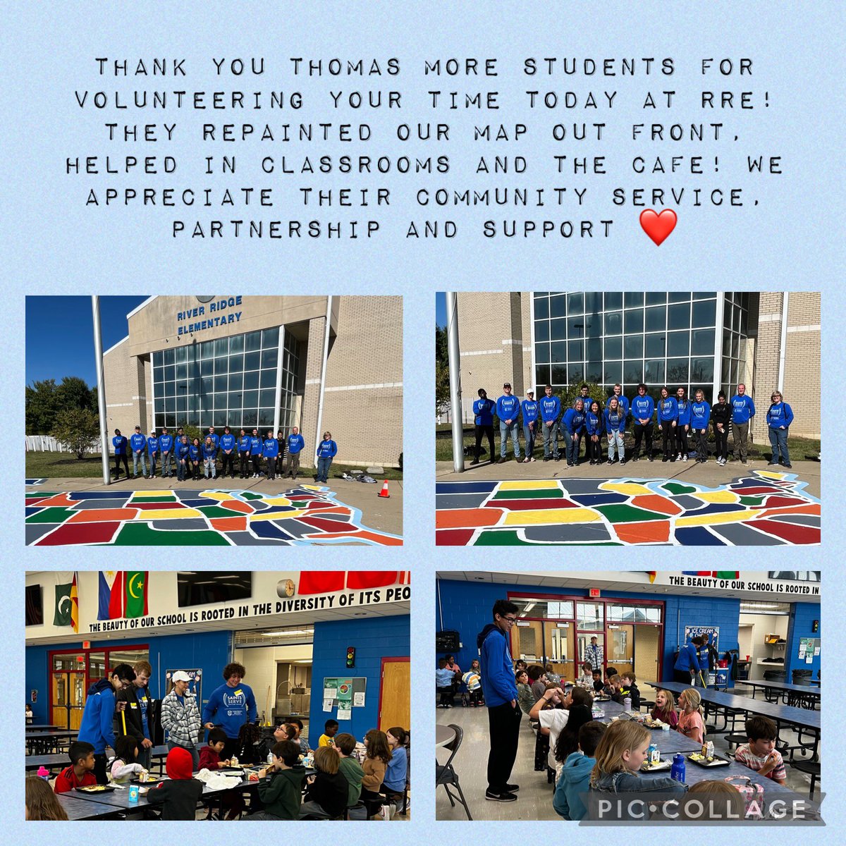 RiverRidge_KCSD's tweet photo. 🫶🏼 Huge THANK YOU to the students from Thomas More University who volunteered their time today at RRE. They repainted the map out front of RRE, helped in classrooms & even in the Cafe! #rrengage #communitysupport @ThomasMoreKY @TheKCSD https://t.co/C3pWoS7jmx