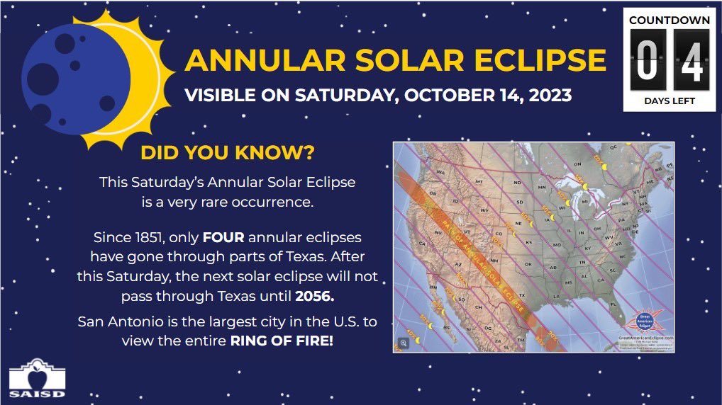 Only 4️⃣ sleeps left until we can (safely) see the Ring of Fire!

¡Solo quedan 4️⃣ noches para que podamos ver (de forma segura) el Anillo de Fuego!
<a href="/DrJaimeAquino/">Jaime Aquino</a> @PattiSalzmann <a href="/KendraKDoyle/">Kendra K. Doyle, PhD</a>