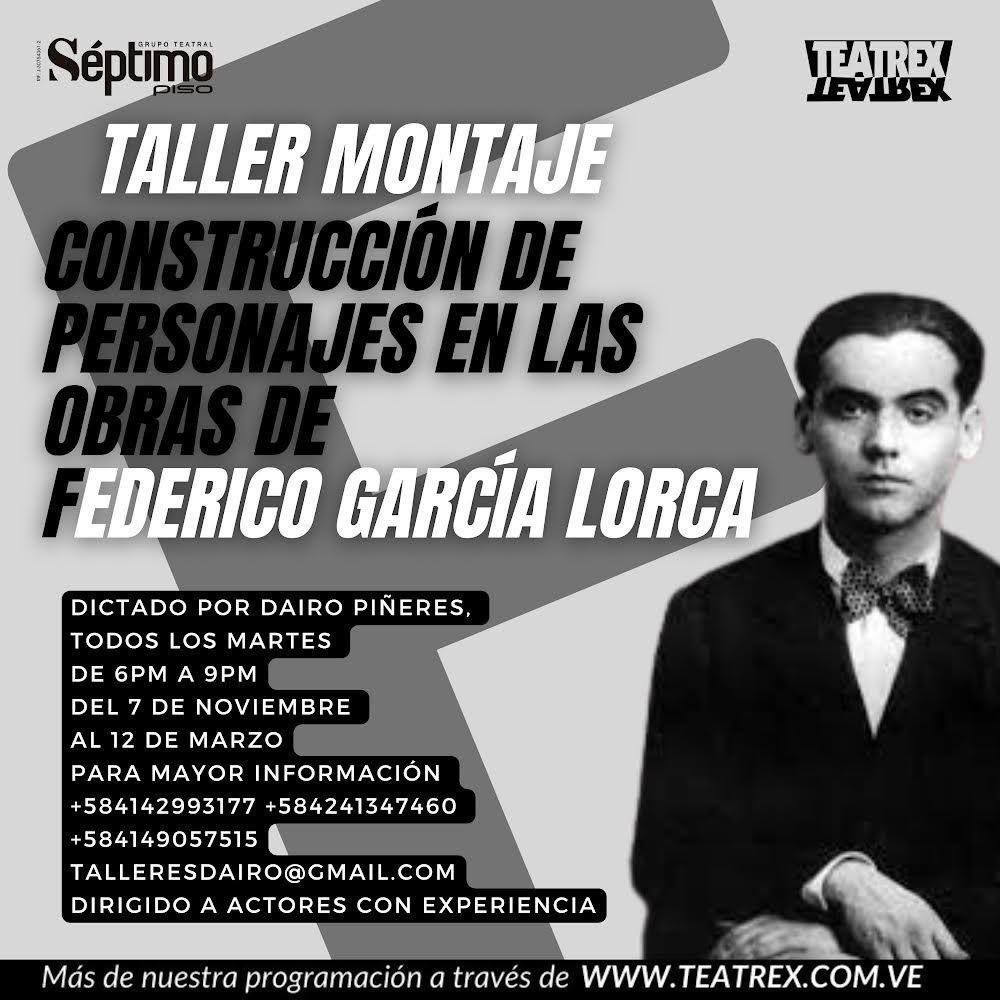 Dairo (@dairos) on Twitter photo 🎭TALLER DE PERSONAJES EN LAS OBRAS DE FEDERICO GARCÍA LORCA🎭
por <a href="/dairop/">Dairo Pascual</a>
Martes de 6pm a 9pm en Teatrex
•Fecha de Inicio: 07 de Noviembre
info:
Dairo Piñeres: 04149057515
Valeria Merhej Hernández 04142993177
Gerardo Sorondo <a href="/Sorondog_/">Gerardo Sorondo</a> 04241347460
talleresdairo@gmail.com 🎭TALLER DE PERSONAJES EN LAS OBRAS DE FEDERICO GARCÍA LORCA🎭
por <a href="/dairop/">Dairo Pascual</a>
Martes de 6pm a 9pm en Teatrex
•Fecha de Inicio: 07 de Noviembre
info:
Dairo Piñeres: 04149057515
Valeria Merhej Hernández 04142993177
Gerardo Sorondo <a href="/Sorondog_/">Gerardo Sorondo</a> 04241347460
talleresdairo@gmail.com