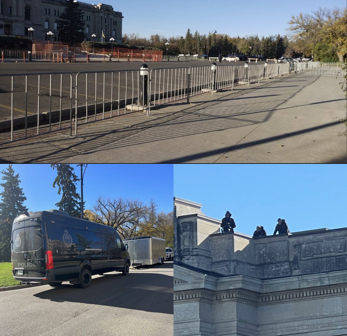 Welcome to Saskatchewan’s Legislature. The place where the Scott Moe Sask Party government keeps the trans kids and their allies at bay with barricades, bomb squads and snipers. Your group is next. #skpoli Scott Moe’s version of the Trudeau Emergencies Act.