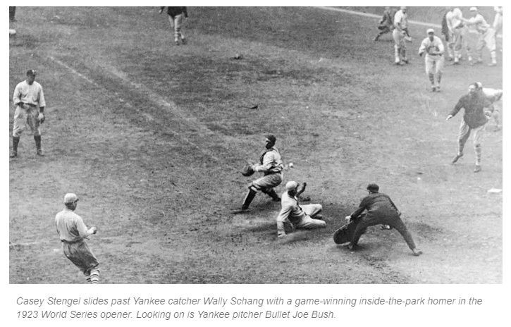 #OTD Oct. 10,1923 - 100 years ago:
Future Yankees manager #CaseyStengel hits a 9th-inning,inside-the-park home run to propel the #NewYorkGiants to a 5-4,Game 1 victory over the #NewYorkYankees in the 1st #WorldSeries  game ever played at #YankeeStadium.

baseball-reference.com/boxes/NYA/NYA1…