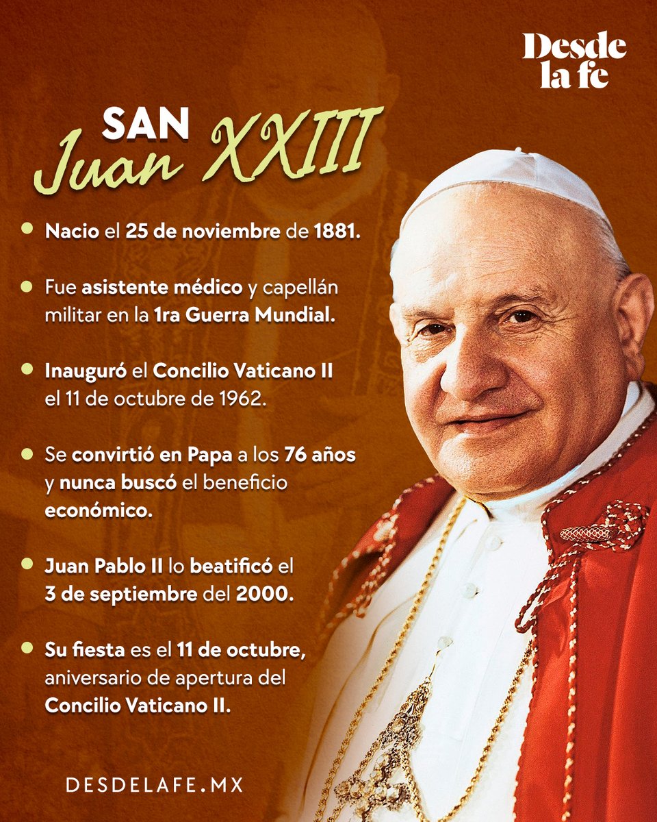 Este 11 de octubre celebramos a #sanJuanXXIII, el Papa bueno, quien impulsó el Concilio Vaticano II, acontecimiento eclesial que renovó la forma en la que celebramos la Liturgia. 😇