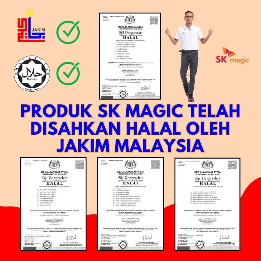 aaminnazfar's tweet photo. Assalamualaikum semua, bagi pengguna muslim, pasti anda ingin mencari yang halal dan bersih. Produk-produk SK Magic telah mendapat pengiktirafan sijil halal untuk semua komponen yang digunakan termasuk ‘filter media’ di dalam penapis air SK Magic. Jadi anda tidak perlu ragu-ragu. https://t.co/PoEw95Jogv