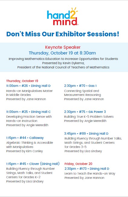 Did you know that @hand2mind will present 8 manipulative-based engaging workshops during #GCTM2023 @gctm_math October 18-20th? Don't miss these interactive workshops loaded with ideas you can implement right away!