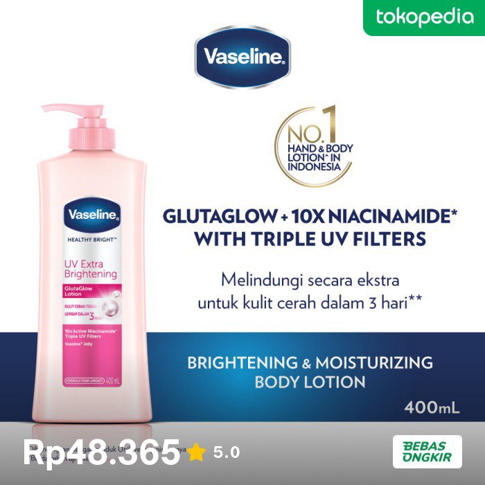 BnwMart's tweet photo. Ada diskon 33% nih jadi Rp48.365. Cek di Tokopedia, deh
#vaseline #tokopedia #handbodylotion #bodycare #unilevermall #unilever #ijo #murce #promo #glutaglow #brightening
https://t.co/ppITQbyyos https://t.co/ArRUzhqMXD