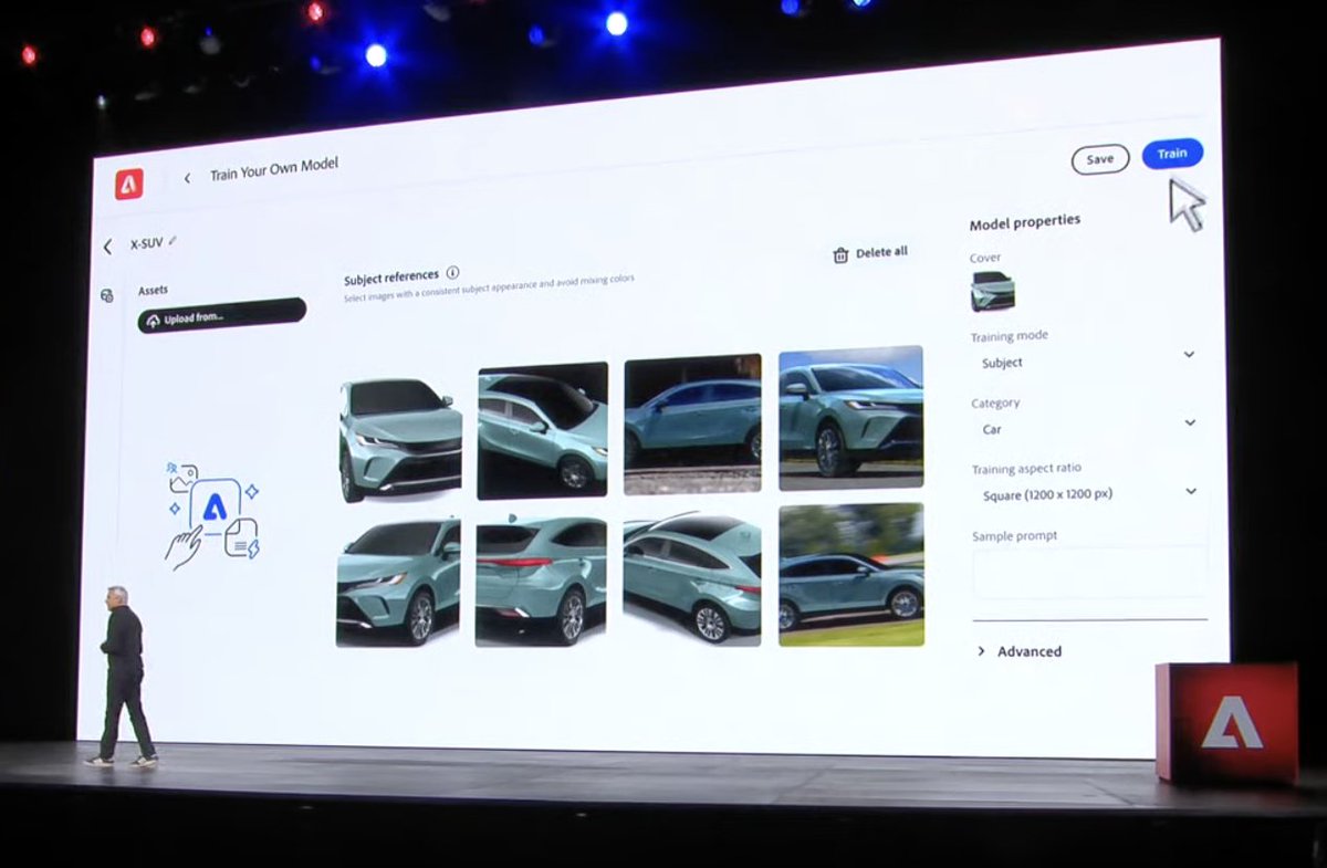 JeffMACaddress's tweet photo. Today at #AdobeMAX a new "train your own model" feature was previewed which allows you to upload several brand images to create a private AI model.

This is the next space we'll see get developed, private models that generate pixel perfect branded content and copy. https://t.co/kljJCTzcC5