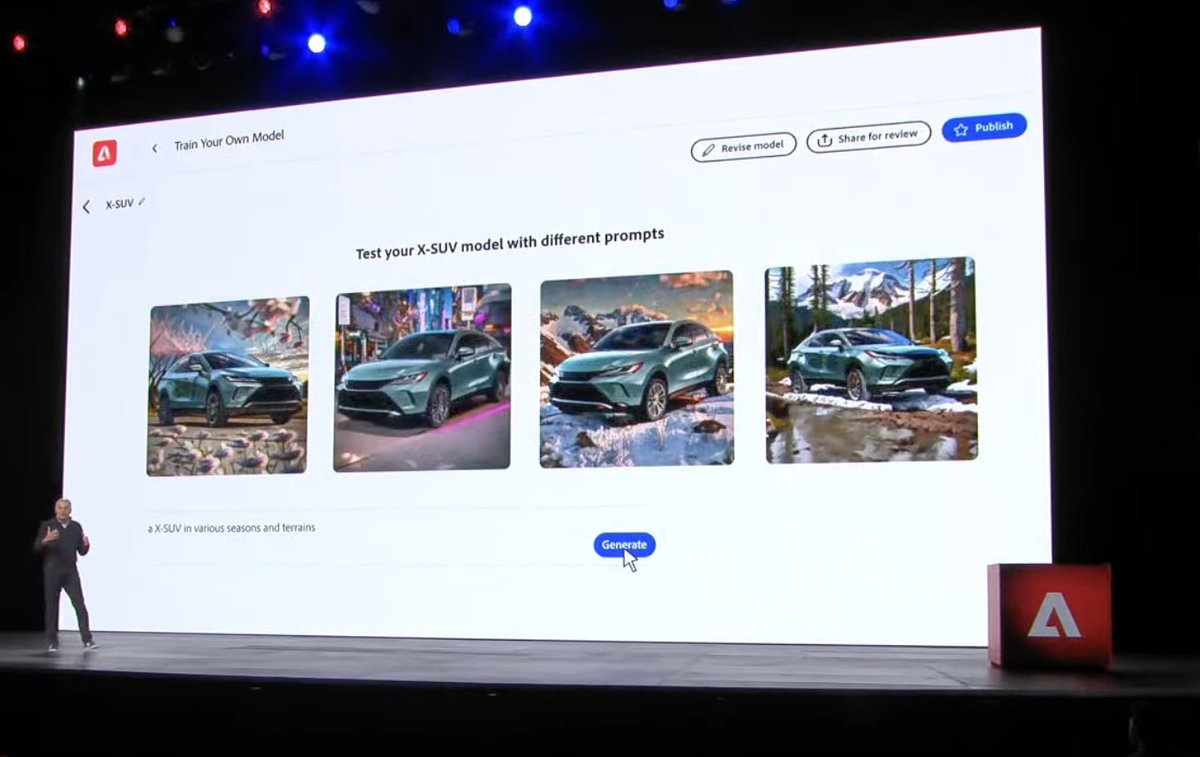 JeffMACaddress's tweet photo. Today at #AdobeMAX a new "train your own model" feature was previewed which allows you to upload several brand images to create a private AI model.

This is the next space we'll see get developed, private models that generate pixel perfect branded content and copy. https://t.co/kljJCTzcC5