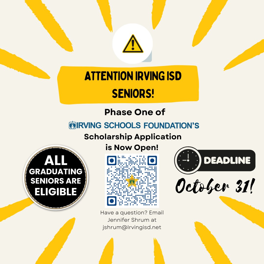 Irving Schools Foundation (ISF) (@iisdfoundation) on Twitter photo 📢ATTENTION <a href="/IrvingISD/">Irving ISD</a> Seniors! Phase 1⃣ of our Scholarship Application process is OPEN in our new Scholarship Portal!
EVERY graduating senior is eligible, qualified, and encouraged to apply for the 250+ scholarships being offered to the class of 2024!
webportalapp.com/sp/login/isf_s… 📢ATTENTION <a href="/IrvingISD/">Irving ISD</a> Seniors! Phase 1⃣ of our Scholarship Application process is OPEN in our new Scholarship Portal!
EVERY graduating senior is eligible, qualified, and encouraged to apply for the 250+ scholarships being offered to the class of 2024!
webportalapp.com/sp/login/isf_s…