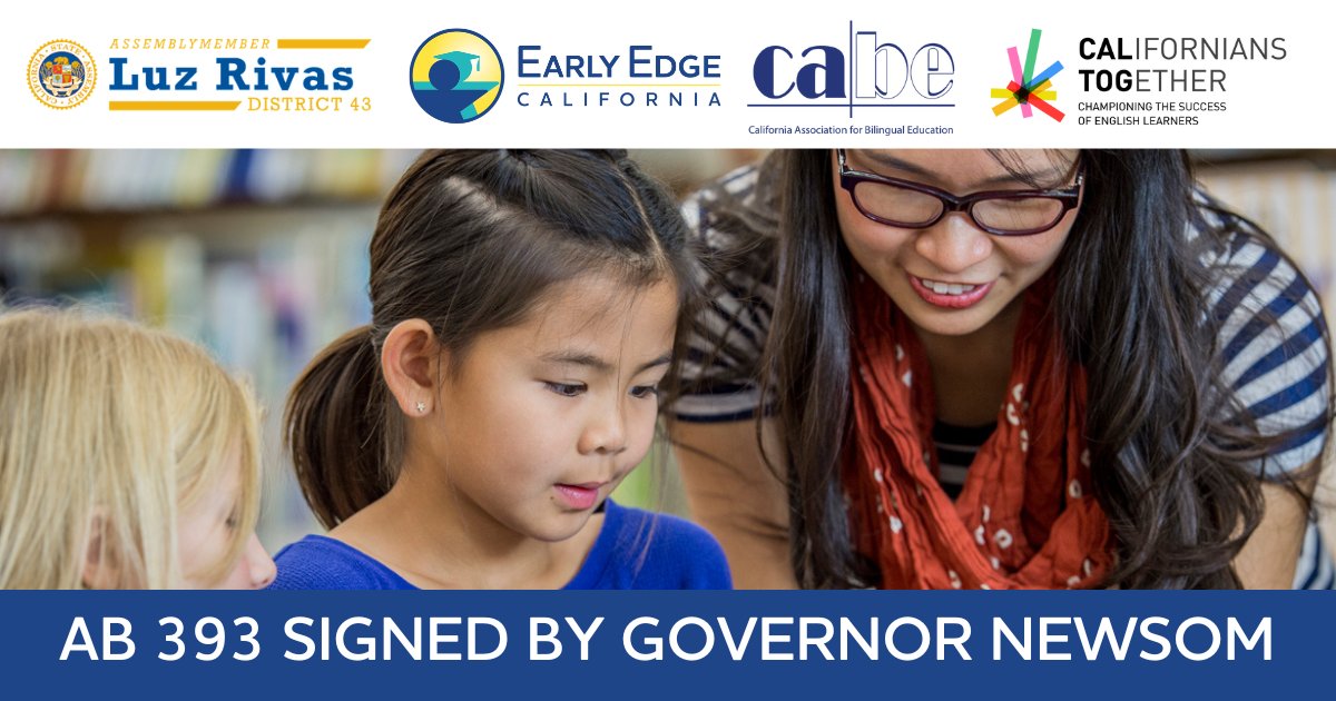 EarlyEdgeCA's tweet photo. (1/2) @CAgovernor @GavinNewsom has signed our sponsored bill #AB393! 🎉 AB 393 takes further steps in achieving the goals of the Governor’s Master Plan for Early Learning and Care to identify and support Dual Language Learners (DLLs). https://t.co/YsIiK1jprk https://t.co/eSespC10bG